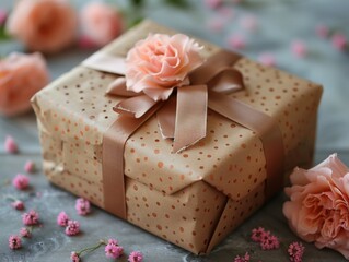 A brown box with a gold ribbon and a bunch of pink roses on top