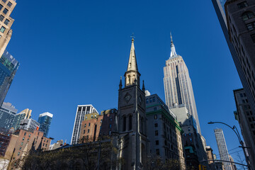 View of skyscrapers from the street of Manhattan in New York City (USA)