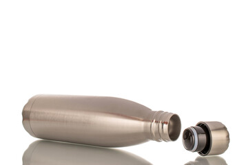 One metal water bottle with vacuum insulation, macro, isolated on white background.