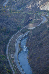 Fabulous canyon landscape with Debed river, railway and road, Armenia.