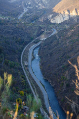 Fabulous canyon landscape with Debed river, railway and road, Armenia.