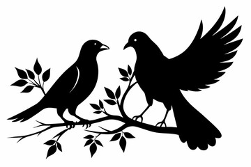 A dove and a crow sharing a branch silhouette white background
