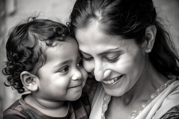 close up photo of smiling indian mom holding her little son in love happy mothers day