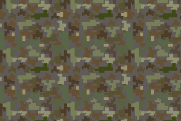 Seamless camouflage print. Pixels. Green brown black olive color forest texture. Paint for fabric and fashion textiles. Camouflage background.