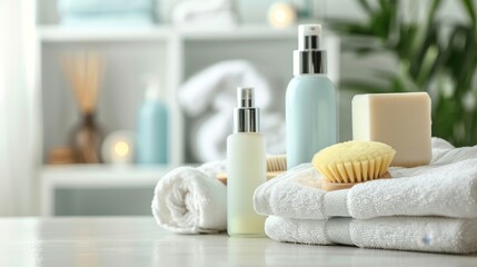 Obraz na płótnie Canvas Spa Background : Toiletries, soap, towels, creams and lotions on blurred white bathroom