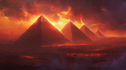Several pyramids stand tall in the vast desert landscape under a dark sky