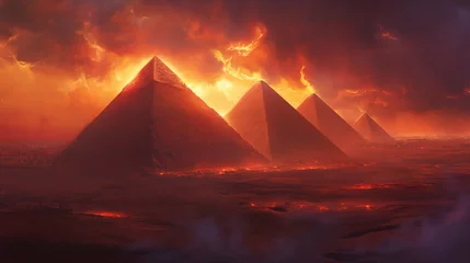 Papier Peint photo autocollant Bordeaux Several pyramids stand tall in the vast desert landscape under a dark sky