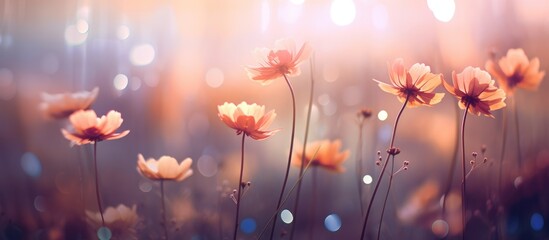 A collection of colorful flowers scattered amidst lush green grass, with bokeh effect creating a soft, blurred natural background. - obrazy, fototapety, plakaty