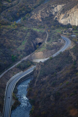 Fabulous canyon landscape with Debed river, railway and road, Armenia.