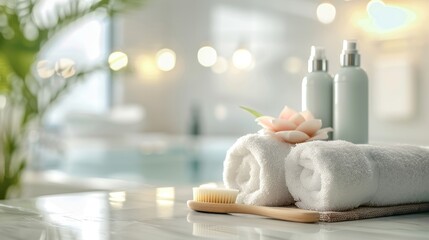 Spa Background : Toiletries, soap, towels, creams and lotions on blurred white bathroom