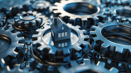 A miniature house seamlessly integrated into a background of large metallic gears, symbolizing the housing industry's dynamics