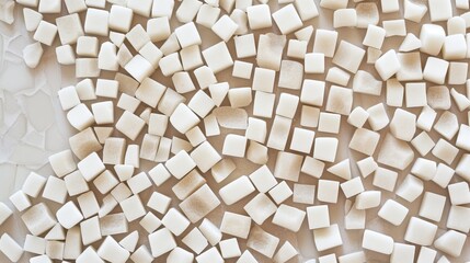 Top view of white sugar cubes spread out, providing a textured pattern and a sense of sweetness and simplicity.