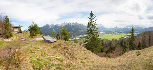 viewpoint Krepelschrofen mountain, landscape Wallgau, with wooden sunbed and shelter