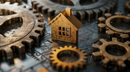 A striking image featuring a golden house central among various silver gears and cogs implying motion and industry