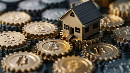 An image of a 3D house model on a surface covered with Bitcoin tokens symbolizing cryptocurrency investment in real estate