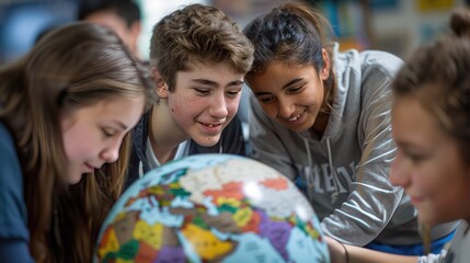 A group of students gathered around a globe, exploring the vastness of geography with wonder in their eyes.