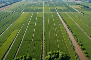 Aerial view of flooded fields with rows of trees along river - obrazy, fototapety, plakaty