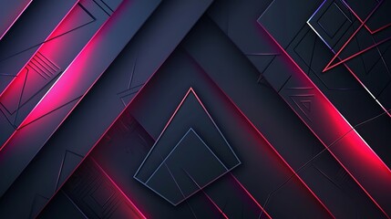 Abstract background with dark geometric shapes and glowing red neon lights. - obrazy, fototapety, plakaty