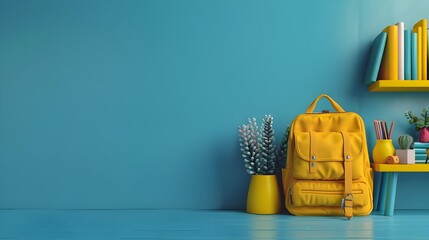 Backpack with different colorful stationery and apple on table and green background. Banner design back to school concept background ai Generated 