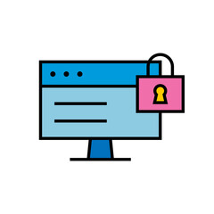 Data protection vector icon. Computer with lock. Cyber security icon.