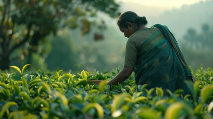 Tea worker in traditional attire meticulously harvests young leaves in the soft light of dawn.