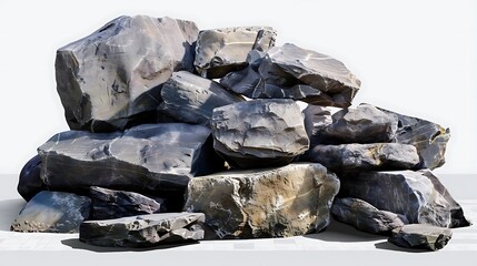 A pile of large, angular rocks. The rocks are dark gray in color and have a rough, textured surface. - obrazy, fototapety, plakaty