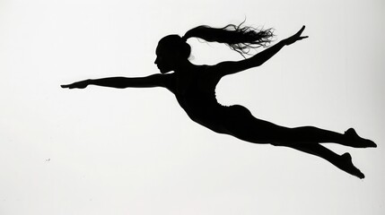 A graceful gymnast mid-air, executing a perfect split leap, their silhouette captured against a pristine white backdrop. - obrazy, fototapety, plakaty