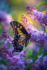 Obraz premium A Springtime Marvel: Witnessing the Graceful Rest of a Butterfly on a Flourishing Lilac Bush