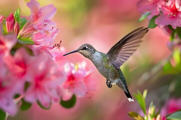 Fototapeta premium A Delicate Dance in Spring: A Hummingbird Daintily Sips Nectar from the Vibrant Pink Blossoms of an Azalea Flower
