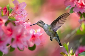 Fototapeten A Delicate Dance in Spring: A Hummingbird Daintily Sips Nectar from the Vibrant Pink Blossoms of an Azalea Flower © aicandy