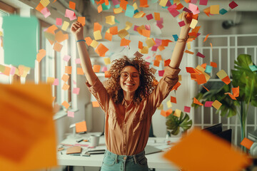 A woman celebrates with falling sticky notes, expressing happiness and joy