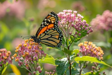 Fototapeta premium A Majestic Monarch Butterfly Gracefully Perches on the Vibrant Blossoms of a Milkweed Flower, Signifying the Arrival of Spring
