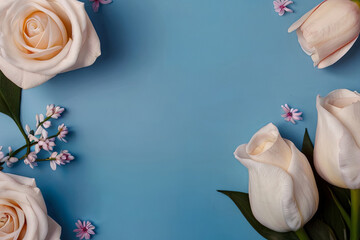 International Women's Day blue background and flowers with ample copy space. Ideal for celebrating Women's Day holiday