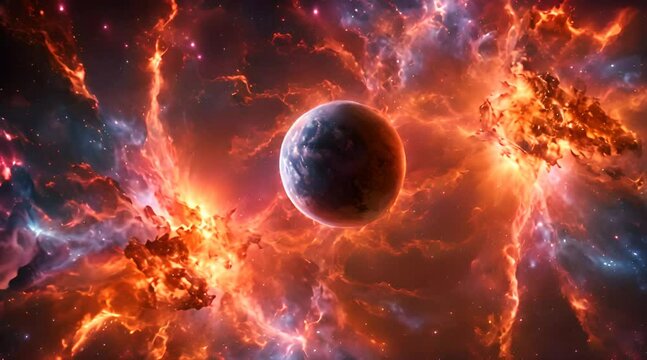 In the vastness of space, two titans collide in a cosmic dance of destruction and creation. As their surfaces meet, shockwaves ripple through the void, sending tremors across the fabric of the univers