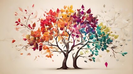 Obraz na płótnie Canvas Colorful tree with leaves on hanging branches illustration background. abstract wallpaper. Flower tree with multicolored leaves. Wallpaper background.