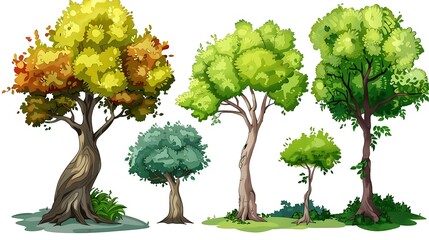 A set of five cartoon trees. The trees are of different heights and have different colored leaves. The leaves are green, yellow, orange, and red.