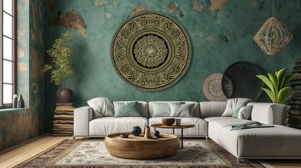 Schilderijen op glas a flourishing mandala on a muted sage green wall, complemented by a chic sofa arrangement. © Lal
