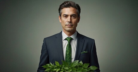 Suit-clad businessman dons a tie of green leaves, signaling a commitment to sustainability and eco-consciousness in business endeavors - obrazy, fototapety, plakaty