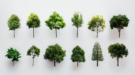 A collection of different types of trees, including deciduous and coniferous trees.