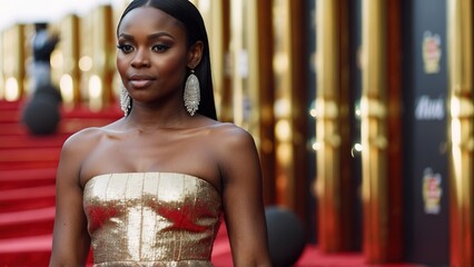 Black woman model pose wearing modern dress, walking in red carpet