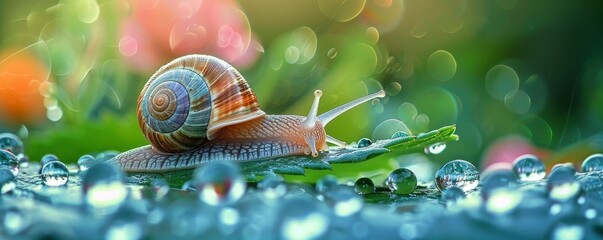 A Serene Morning Encounter: A Snail's Gentle Journey Across a Dew-Kissed Leaf in Spring's Embrace