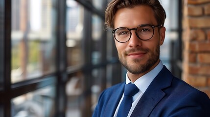 Confident and successful young professional wearing glasses and a suit, standing in a modern office space.
