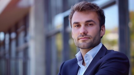 Confident young professional in a suit standing in front of an office building.