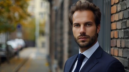 A young professional man in a suit stands confidently in front of a brick wall.