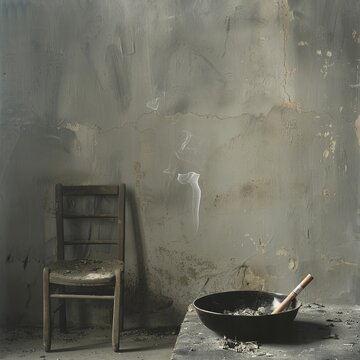Stark image of an empty chair and smoking pan, the drifting smoke creating an ephemeral atmosphere in an abandoned setting