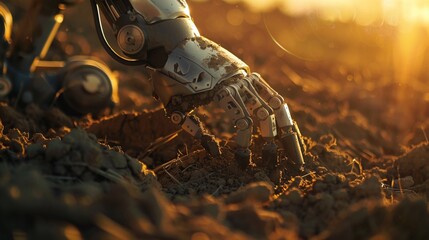 Robotic arm, soil preparation, seed insertion, medium shot, earthy textures, early morning, beginning of growth - obrazy, fototapety, plakaty