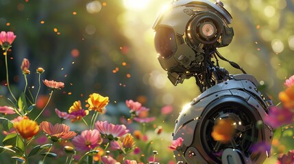 Single robot, flower seed planting, side angle, vibrant blossoms, peaceful garden, tranquil afternoon - obrazy, fototapety, plakaty