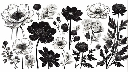Set of hand drawn spring flowers. Black brush flower silhouette. Ink drawing wild plants, herbs or flowers, monochrome botanical illustration. Anemone, peony, chrysanthemum isolated cliparts - obrazy, fototapety, plakaty