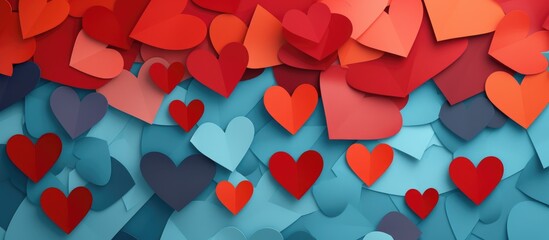 A collection of red and blue heart shapes set against a blue background. The hearts are arranged in a group, creating a vibrant and colorful display that stands out against the backdrop.
