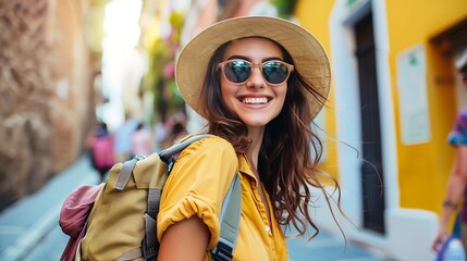 Young attractive woman with long brown hair smiling wearing a yellow shirt, straw hat and sunglasses with a backpack on her shoulder standing in a nar